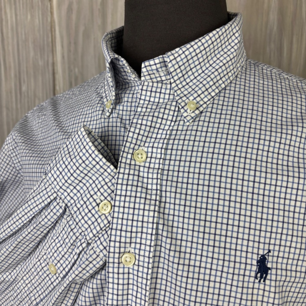 VTG Ralph Lauren Check Button Down Shirt Mens L Blue White Checkered Classic Fit
